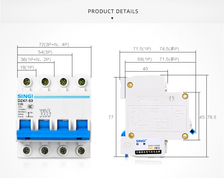 Manufacture Low Voltage Circuit Breakers Air Singi Breaker Electronic 1p DC Dz47-63